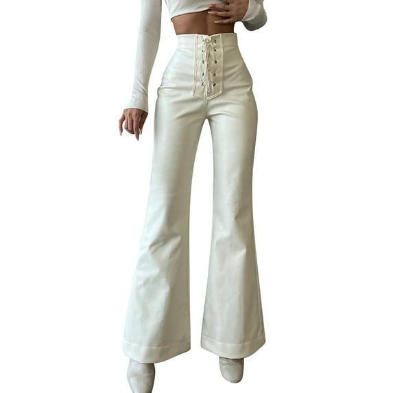 WTXUE Leather Pants for Women, Pantalones De Mujer Womens Faux Leather Flare Pants High Waisted Tie Front PU Leather Bell Bottom Pants Stretchy Wide Leg Leggings, Full-Length, White