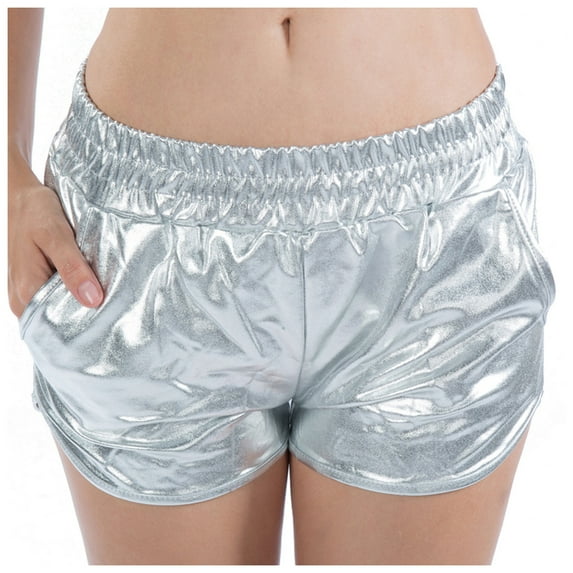 WTXUE Leather Pants, Women's Pants Drawstring Sparkly Elastic Outfit Yoga Shorts Shiny Waist Booty Dance Pants Women's Rave Pants, Pantalones De Mujer, 1-Silver