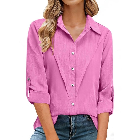 WTXUE Linen Button Down Shirt Casual Loose Fit Fashion Lapel Shirt Casual Shirts Dressy Blouses Casual Lightweight Blouses Work Blouses V Neck Roll Up Sleeve Business Casual Outfits Hot Pink Xl