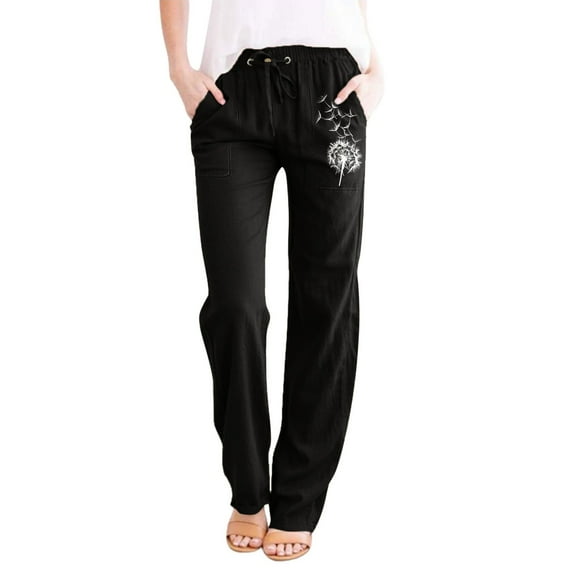 WTXUE Linen Pants Women Summer, Pantalones De Mujer Womens Printing Casual Loose Pants with Pockets Elastic High Waist Paper Bag Pants Linen Pants, Full-Length, 2-Black