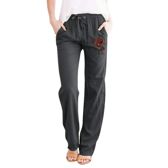WTXUE Linen Pants Women Summer, Pantalones De Mujer Womens Printing Casual Loose Pants with Pockets Elastic High Waist Paper Bag Pants Linen Pants, Full-Length, 4-Dark Gray