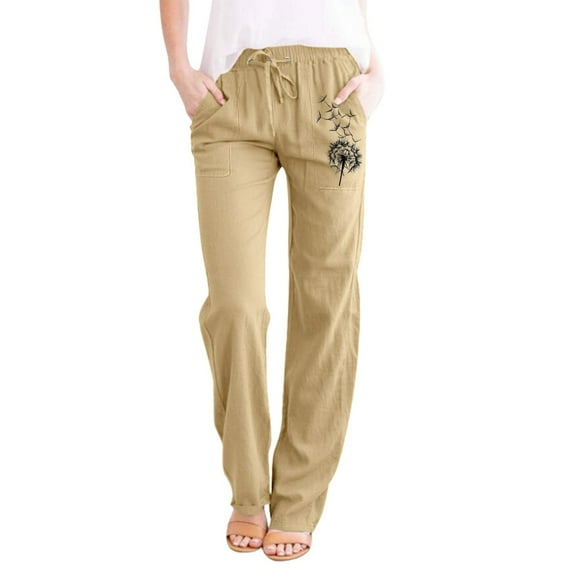 WTXUE Linen Pants Women Summer, Pantalones De Mujer Womens Printing Casual Loose Pants with Pockets Elastic High Waist Paper Bag Pants Linen Pants, Full-Length, 2-Khaki