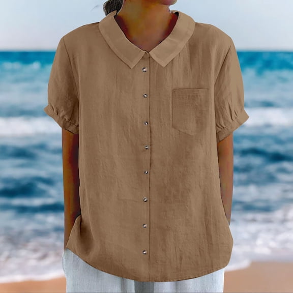 WTXUE Linen Shirts Button Down Shirts Solid Color Blouses Cotton Short Sleeve Shirts Gauze Tops Babydoll Tops for Teens Plain Tops Big Shirts Wrinkle Free Blouses Beach Blouses Sports Shirts Khaki S