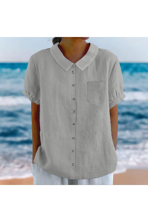 Linen Shirts Button Down Shirts Solid Color Blouses Cotton Short Sleeve Shirts Gauze Tops Modest Blouses Large Shirts Plain Blouses Large Shirts Vacation Tops Petite Tops Grey M