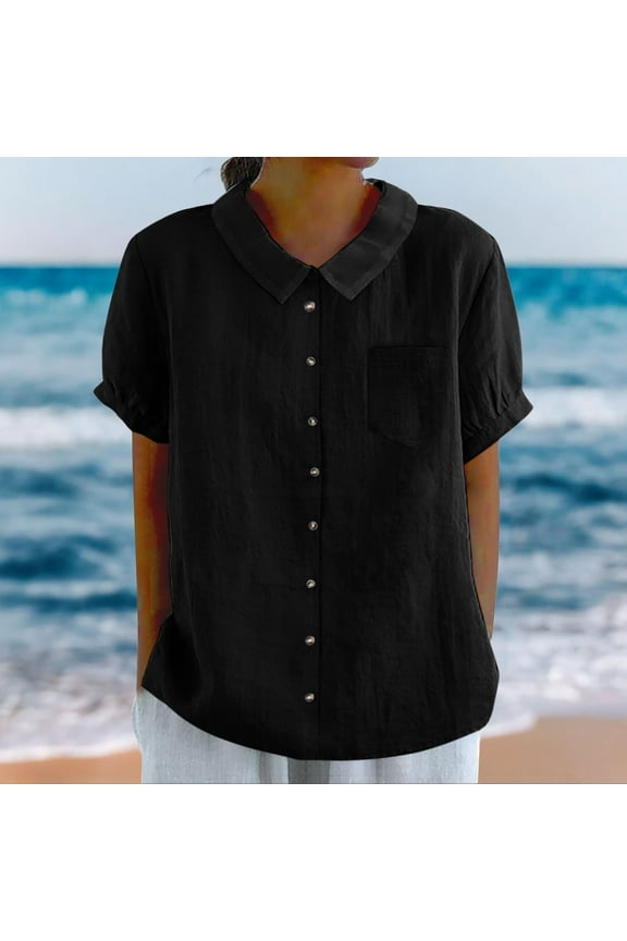 Linen Shirts Button Down Shirts Solid Color Blouses Cotton Short Sleeve Shirts Gauze Tops Plain Tshirts Running Shirts Women Loose Blouses Soft Tshirts Basic Tees Beach Blouses Black Xl