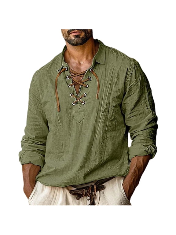 Linen Shirts for Men Camisas Para Hombres, Men's Fashion Lapel Tie Dye Shirt Casual Fashion V Neck V-Neck Long Sleeve Rolled String Leisure Shirt, Green