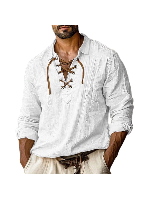 Linen Shirts for Men Camisas Para Hombres, Men's Fashion Lapel Tie Dye Shirt Casual Fashion V Neck V-Neck Long Sleeve Rolled String Leisure Shirt, White