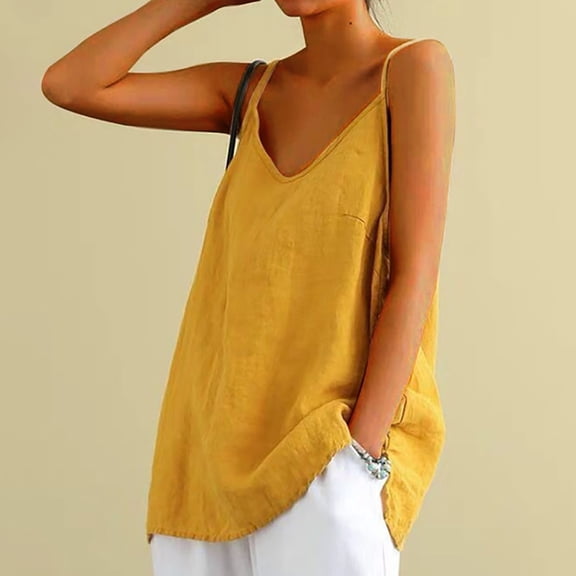 WTXUE Linen Tank Tops Plus Size Tops V Neck Cotton Camisole Tops Sleeveless Blouse Seamless Tank Tops Tunic Tops Flowy Blouses Tank Tops Athletic Womens Long Tank Tops Plus Size Tops Yellow M