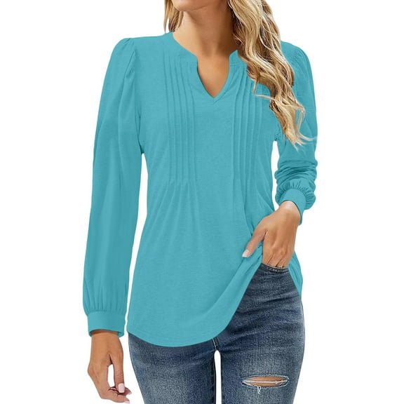WTXUE Long Sleeve Blouses Tunic Tops Womens V Neck Smocked Tops Puff Sleeve T Shirt Blouses for Women Dressy Casual Fitted Polyester Shirts Oversized Tshirts Plus Size Tops Loose Tops Mint Green M