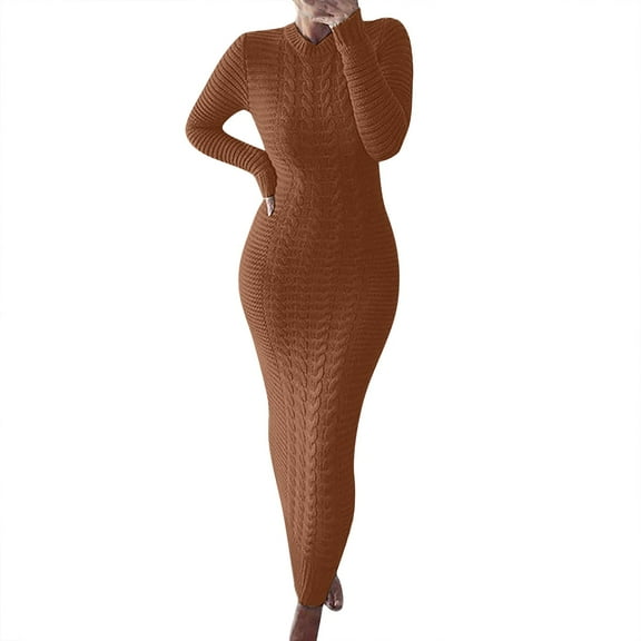 WTXUE Long Sleeve Dress, Autumn and Winter Sweater Long Sleeved Woolen Dress, Linen Dress, Brown Dress, Brown XL