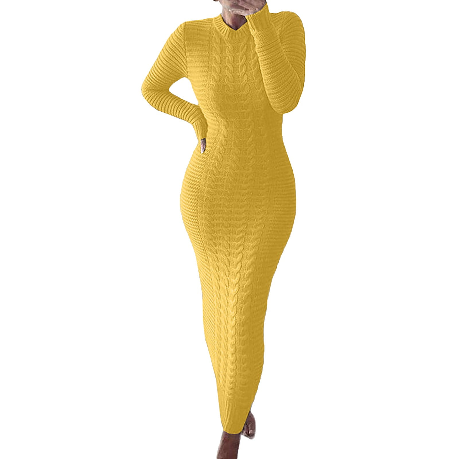 WTXUE Long Sleeve Dress, Autumn and Winter Sweater Long Sleeved Woolen Dress, Linen Dress, Yellow Dress Women, Yellow 2XL