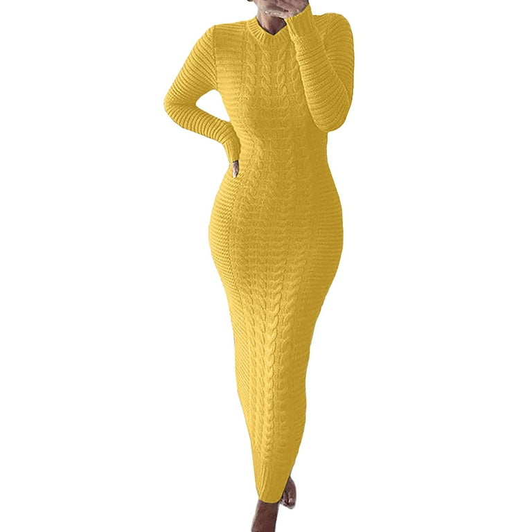 navy blue dress for baby girl WTXUE Long Sleeve Dress, Autumn and Winter Sweater Long Sleeved Woolen Dress,  Linen Dress, Yellow Dress Women, Yellow XL