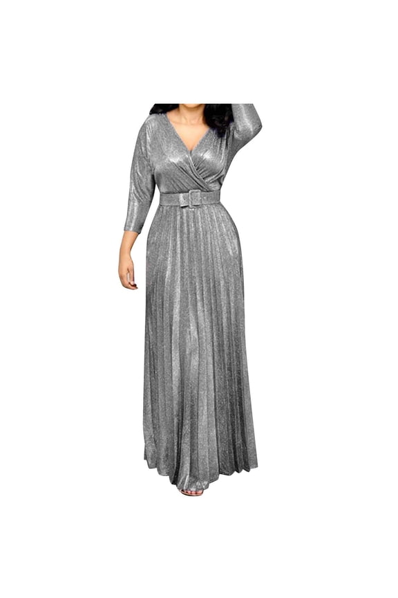 Long Sleeve Dress, Deep V-Neck Skirt Sequined Bling Shiny Elegant Casual Gown Plus Size Women Evening Dress, Silver Dress, Silver M