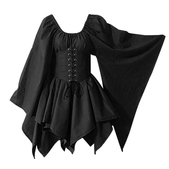 WTXUE Long Sleeve Dress, Medieval Trumpet Sleeve Irish Shirt Dress Women Garments Gothic Retro Corset Dress, Long Sleeve Black Dress, 1# Black M