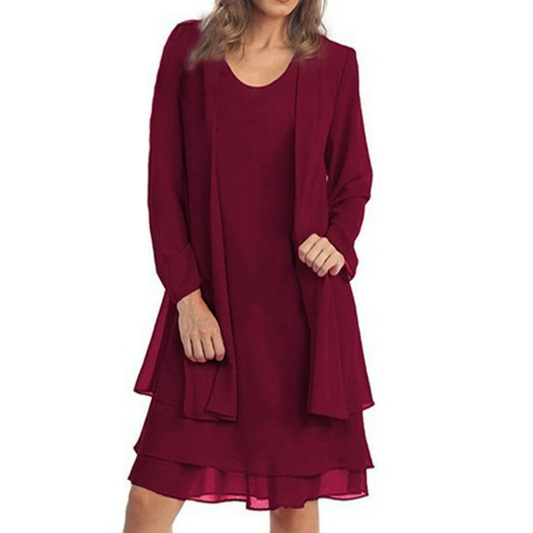 Wtxue Long Sleeve Dress, Women's Chiffon Stitching Long Sleeves in The Long Two Piece Dress Set, Red Dresses for Women, Dark Red 2XL