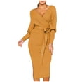 thumbnail image 1 of WTXUE Long Sleeve Dress, Women's Knitted Long Sleeve V-Neck Hip Wrap Warm Long Dress, Yellow Dress Women, Yellow XL, 1 of 9