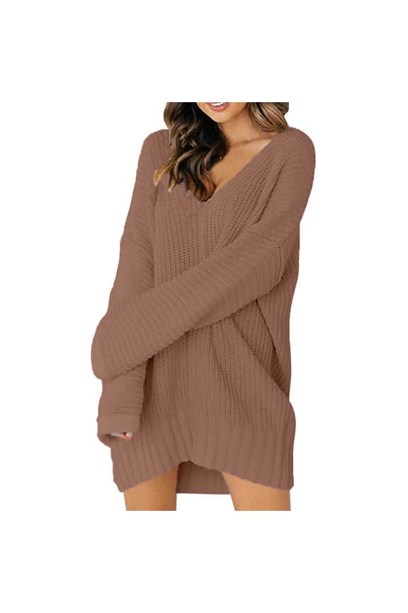 Long Sleeve Dress, Women's Ladies Loose V-Neck Mid Length Dress Knit Sweater PUllover, Pink Dress for Women, Pink XL