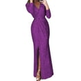 thumbnail image 1 of WTXUE Long Sleeve Dress, Women's Sequin Long Sleeve V-Neck Long Nightclub Slim Sling Dress with Slit, Purple Dress, Purple 2XL, 1 of 6