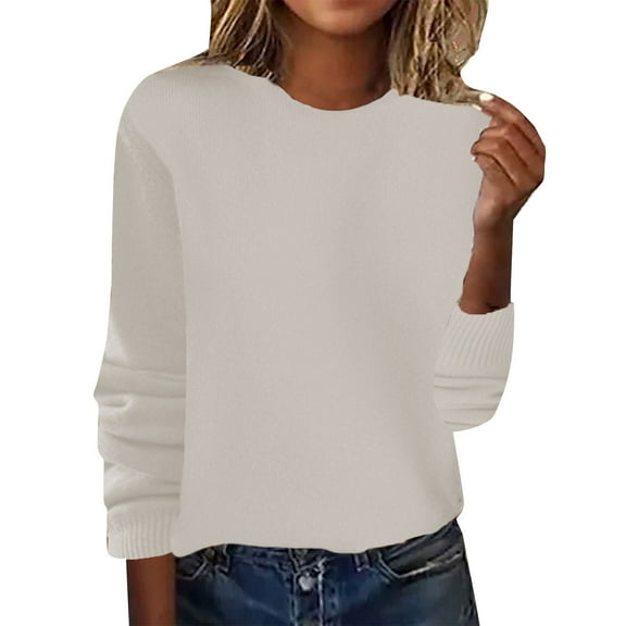 WTXUE Long Sleeve Round Neckline, Women's Spring/Summer Crewneck Sweater Pullover Knit with Solid Color Thin d Warm Top/Autumn Coat Beige M