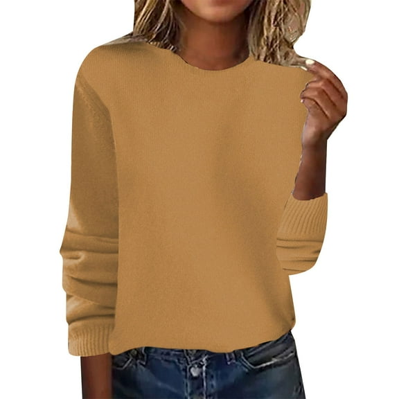 WTXUE Long Sleeve Round Neckline, Women's Spring/Summer Crewneck Sweater Pullover Knit with Solid Color Thin d Warm Top/Autumn Coat Gold XL