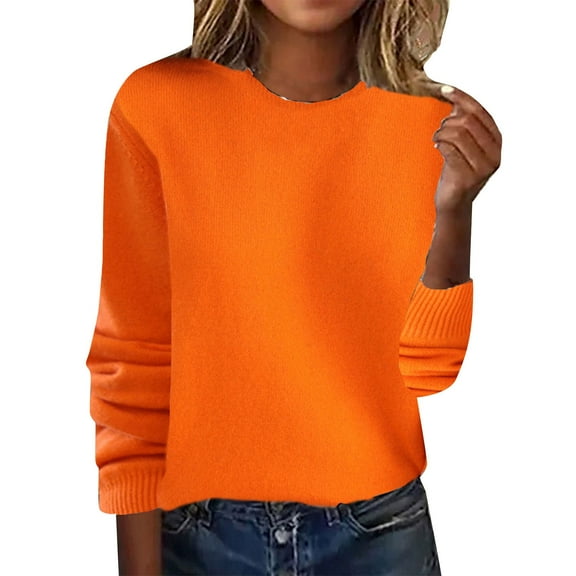 WTXUE Long Sleeve Round Neckline, Women's Spring/Summer Crewneck Sweater Pullover Knit with Solid Color Thin d Warm Top/Autumn Coat Orange L