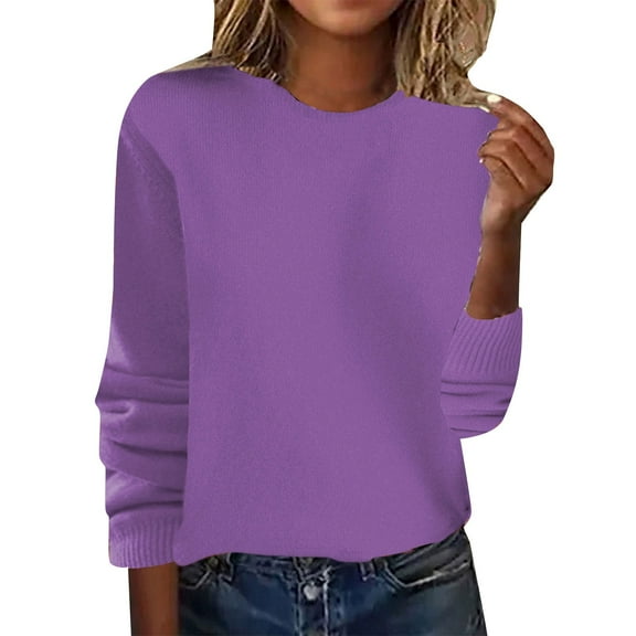 WTXUE Long Sleeve Round Neckline, Women's Spring/Summer Crewneck Sweater Pullover Knit with Solid Color Thin d Warm Top/Autumn Coat Purple S