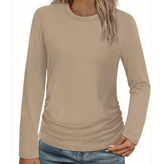 WTXUE Long Sleeve Shirts Business Casual Tops Fall Blouses Crew Neck T Shirts Pleated Casual Fashion Tops Loose Fit Lightweight Girls Outfits Clothes Plain Shirts Loose Fit Loose Tops Khaki 3Xl