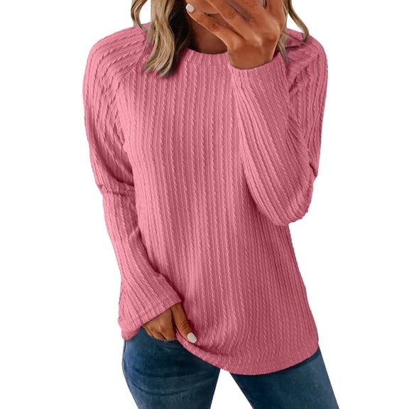 WTXUE Long Sleeve Shirts Business Casual Tops Round Neck Pullover Texture Loose Fit Blouses Fall Tunic Tops Pleated Dressy Blouses Trendy Fashion Basic Tops Flowy Tops Loose Tops Fitted Tops Pink M