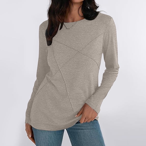 VISALY Long Sleeve Shirts Pullover Crewneck Sweaters Business Casual Tops Tunic Sweatshirt for Women Plus Size Pullover Autumn Winter Solid Color Loose Fitting Shirts Coffee Xxl