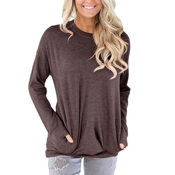 WTXUE Long Sleeve Tops Loose Fitting Tops Women Casual Long Sleeve Cotton Solid Loose Pockets T Shirt Blouses Tops Cotton Tops for Women Crewneck Sweatshirts Women Basic Tees for Women Brown Xxl