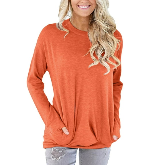 WTXUE Long Sleeve Tops Loose Fitting Tops Women Casual Long Sleeve Cotton Solid Loose Pockets T Shirt Blouses Tops Cotton Tops for Women Crewneck Sweatshirts Women Basic Tees for Women Orange Xxl