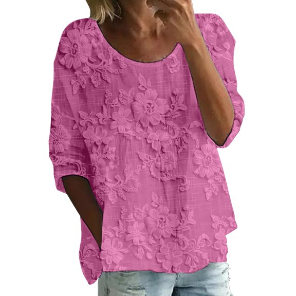 WTXUE Loose Fitting Tops 3/4 Length Sleeve Womens Tops Solid Color Embroidery Blouses Round Neck Folwy Shirts Flowy Tops Womens Shirts Lightweight Summer Tops Hot Pink Xxl
