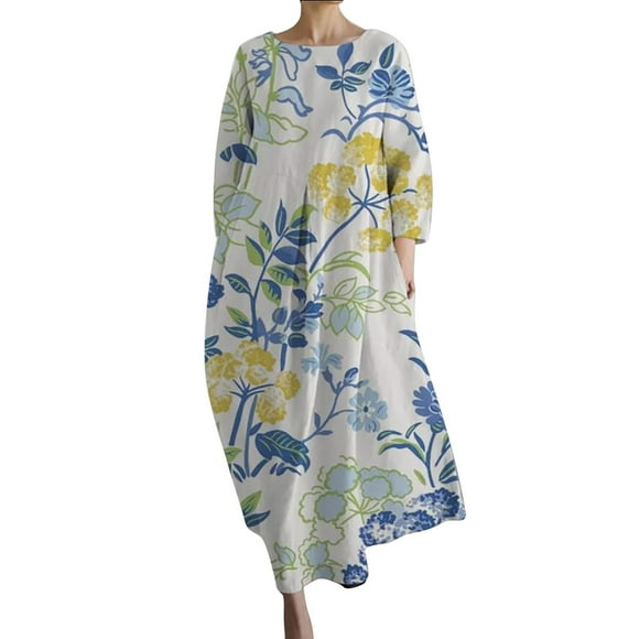 WTXUE Loose Round Neck Senior Long Sleeve Printed V Neck Dress Relaxed Fit Dresses (Women's) Size S