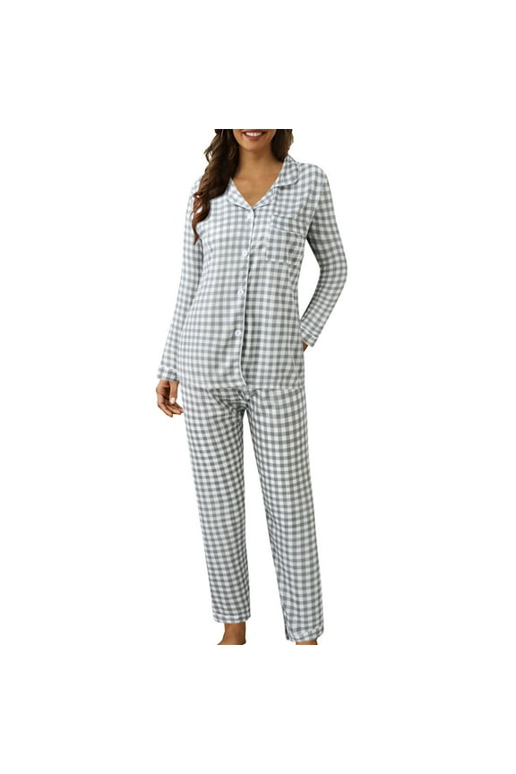 Lounge Sets | Pajama Sets Women Casual Lapel Button Plaid Print Two Pajamas Pajamas Suit | 2-Piece XXL