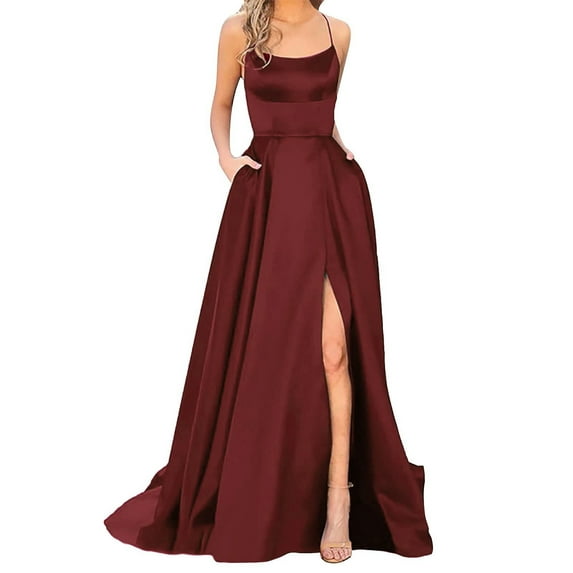 WTXUE Maxi Dress, es Long Women Elegant Backless Long Dresses Crisn Satin Side Slit, Prom Dress, Dress with Pockets, Backless Dress, Red Dresses for Women, Dark Red XL