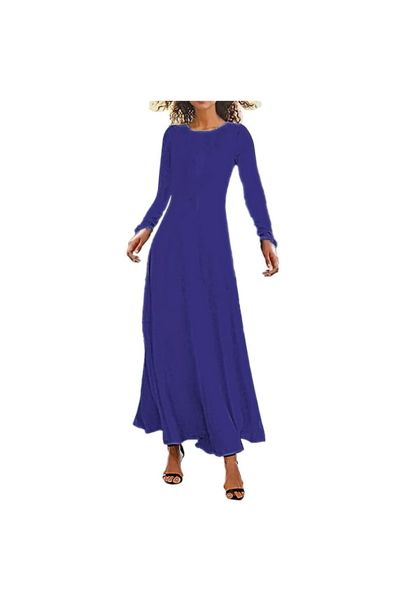Maxi Dresses, A-Line Long Sleeve Maxi Crew Neck, Womens Casual Flower Loose Boho Long Sundress Solid Women's Plus, Size L