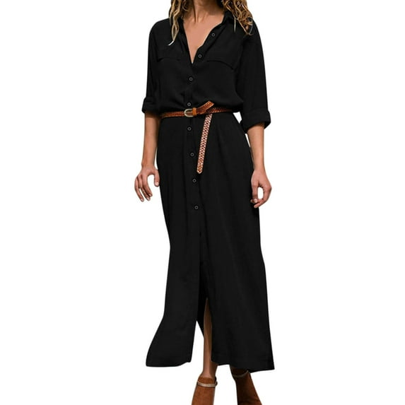 WTXUE Maxi Dresses, Split Long Sleeve A-Line V-Neck, Women Casual Button Long Shirt Dress Lapel Elegant Casual Long Belt Dress Solid Vestidos Maxi Women, Black Size S(US:6)