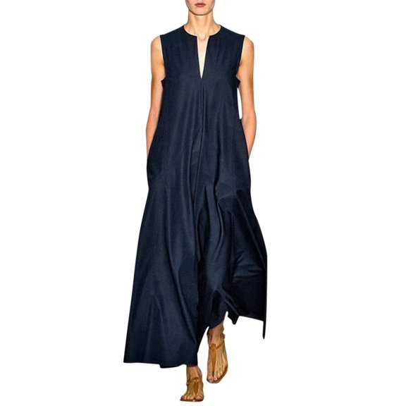 WTXUE Maxi Dresses, Sun Dress Sleeveless Maxi V-Neck, Casual Summer Cotton-Blend Size Retro Dress Retro Women, Blue Size M