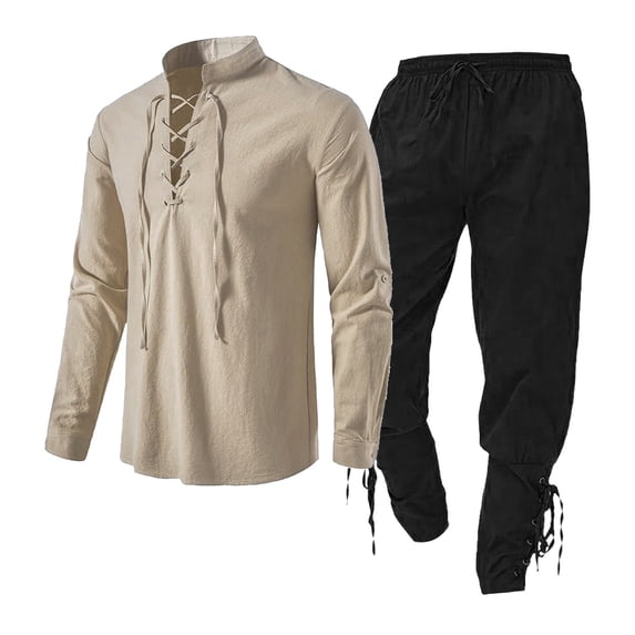 WTXUE Medieval Clothing Set Clothing Set with Linen Shirt Medieval Shirt Medieval Pants with Ankle Strap Relaxed Fit Pant Suits (Men's) Size M