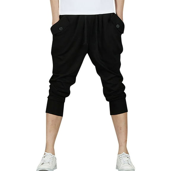 WTXUE Mens Pants Casual, Men Capri Pants Solid Color Button Pocket High Waist Casual Pants Solid Mid-Length Comfort Waist, Black XL