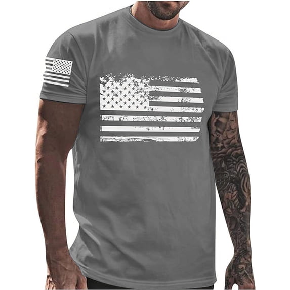 WTXUE Mens T-Shirts, Men's Flag Print T Shirts Graphic Tees Athletic Running Gym Workout Round Neck Short Sleeve Tab Activewear T-Shirt, Dark Gray