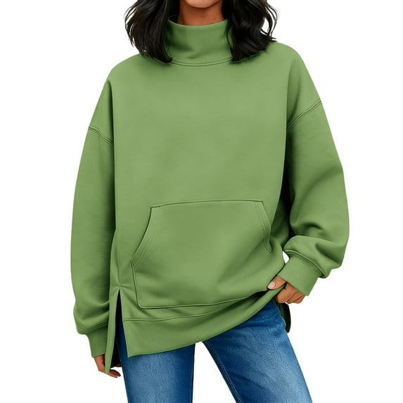 WTXUE Mockneck Sweatshirt for Women Oversized Long Sleeve Pullover with Pocket Trendy Casual Loose Fit Fleece Top for Fall Winter Tunic Sweatshirt Comfy Sweatshirts Winter Sweatshirts Green L