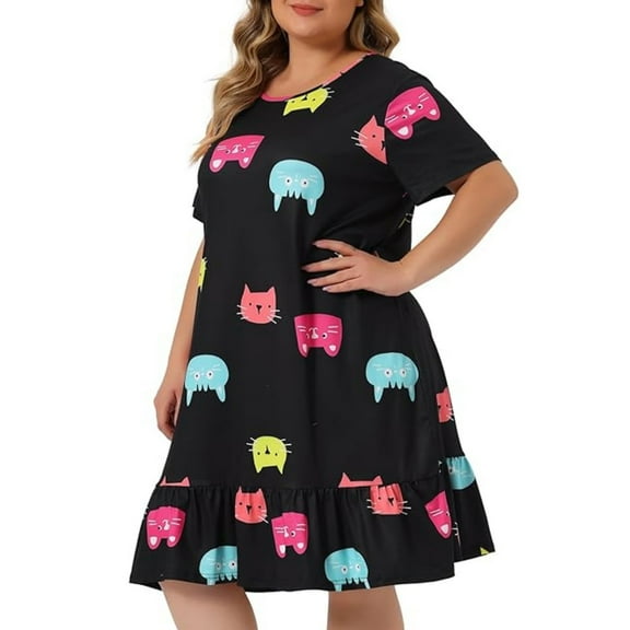 WTXUE Nightshirts & Gowns | Lingerie Plus Size Womens Nightdress Short Sleeve Comfy Cat Sleepdress | 1 Piece Black XXL