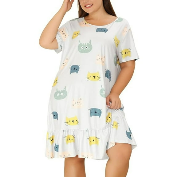 WTXUE Nightshirts & Gowns | Lingerie Plus Size Womens Nightdress Short Sleeve Comfy Cat Sleepdress | 1 Piece White 3XL