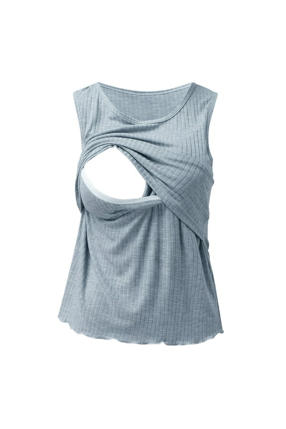 Nursing Tops, Womens Maternity Summer Sleeveless Ribbed Printed Tank Tops Pregnancy Vest for Breastfeeding with Breast Pads Round Neckline Maternity vest Postpartum Sleeveless Blue