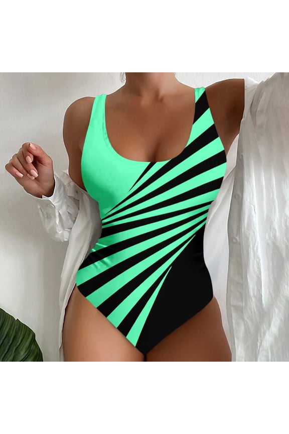 One Piece Swimsuit Bathing Suit, Sleeveless Bathing Suit Bikini with Chest Pad Maxi Wrap Skirts 2 Set Bodysuit Swimsuit Tankini, Strip Print One-Piece Swimsuits for Women | Green M