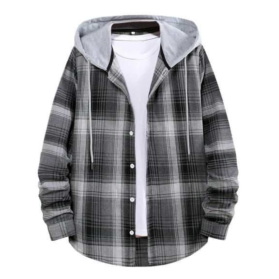 WTXUE Outerwear Jackets Long Sleeve, Round Neckline Mens Shirts Men Autumn Winter Plaid Print Shirt Hoode Long Sleeve Shirts for Men Plaid, Graphic Tees, Workwear for Men Grey L