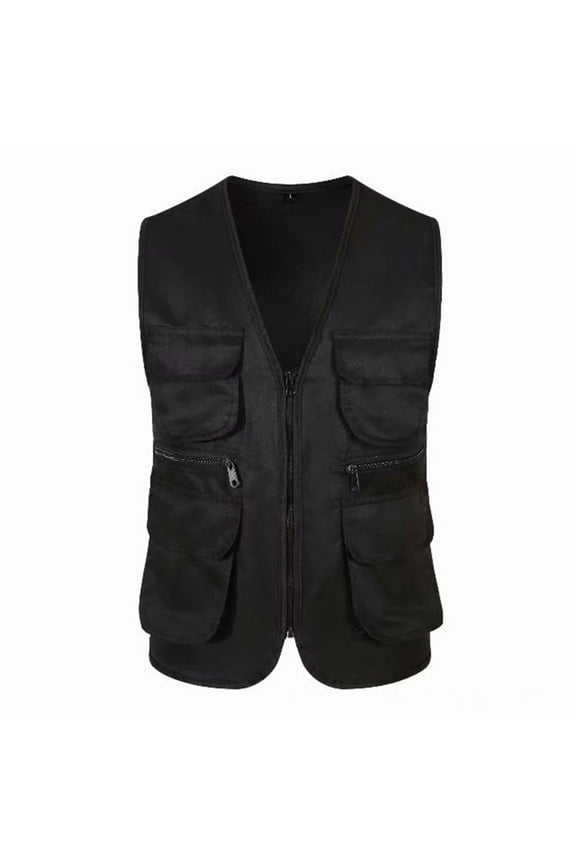 Outerwear Vests Sleeveless, Notch Neck Casual Outdoor Work Travel Photo Cargo Vest Jacket Multi Pockets Workwear for Men Black XXL
