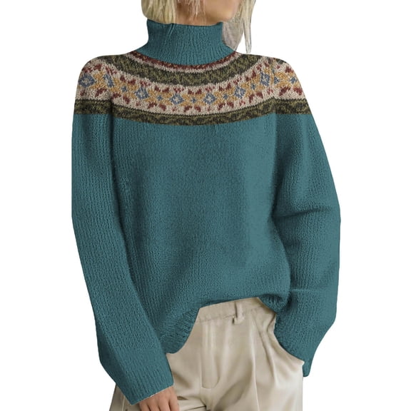 WTXUE Oversized Fair Isle Turtleneck Sweater for Women Soft Retro Knitted Pullover with Nordic Pattern Loose Fit Casual Top Tunic Sweaters Fall Outfits Winter Outwear Blue L