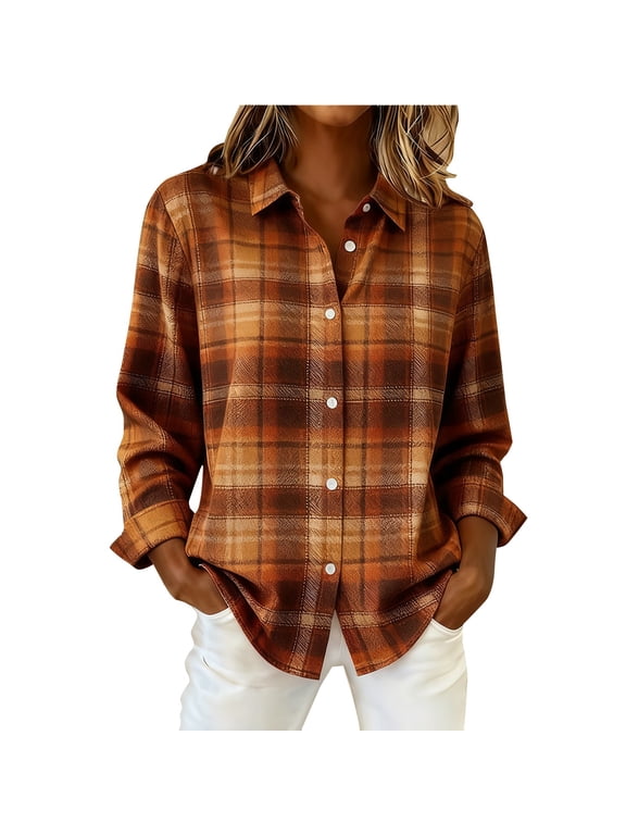 Oversized Shirts Long Sleeve Plaid Shirts Button Down Top Collared Shirts Women's Button Down Shirt Dressy Casual Tops Oversized Button Down Shirt Women Button Up Shirt Women Plus Size Brown L